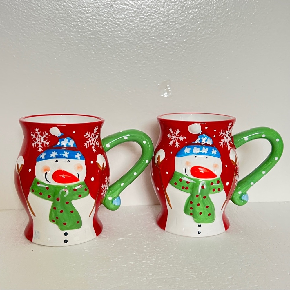 Pier 1 Imports Jolly Holiday Snowman 5” Hot cocoa Mug Chirstmas red Set of 2